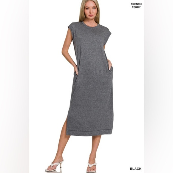 🆕 Zenana FRENCH TERRY SLEEVELESS ROUND NECK MIDI DRESS ❤️NEW❤️ - Picture 1 of 2